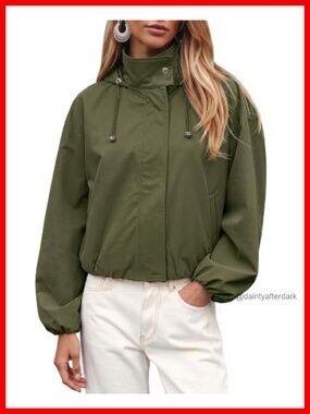 Women's Funnel Neck Crop Zip Up Hooded Bomber Jacket Casual
